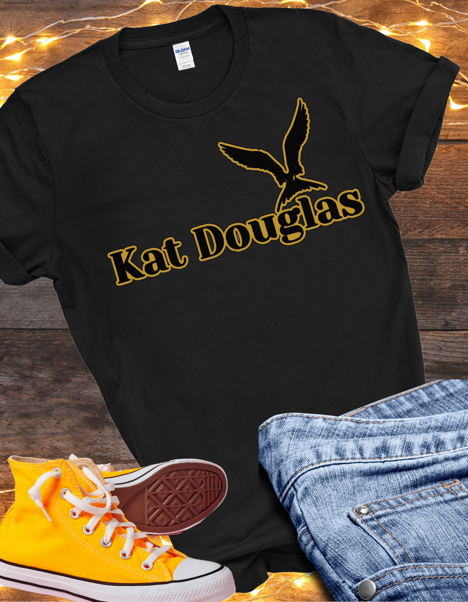 Kat Douglas Black & Gold Logo T shirt.